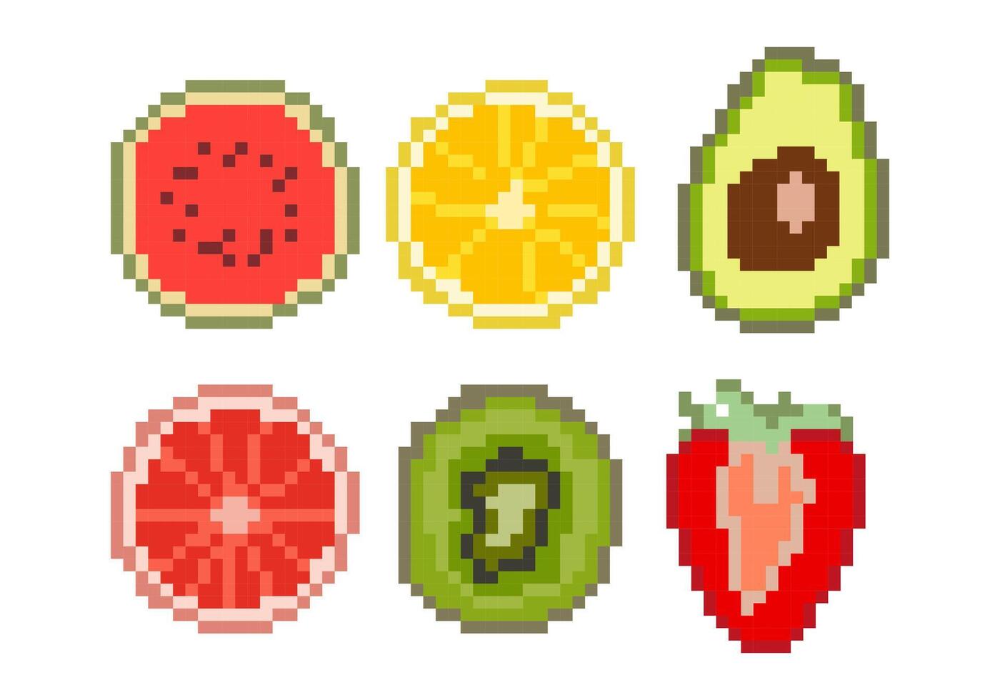 Pixel Art Fruit Icons Collection Watermelon Orange Avocado Grapefruit Kiwi and Strawberry in Retro Style for Game UI and Digital Art Assets vector