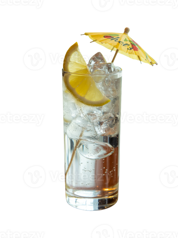 Tall Glass Sparkling Water Lemon Ice Cubes Yellow Umbrella png