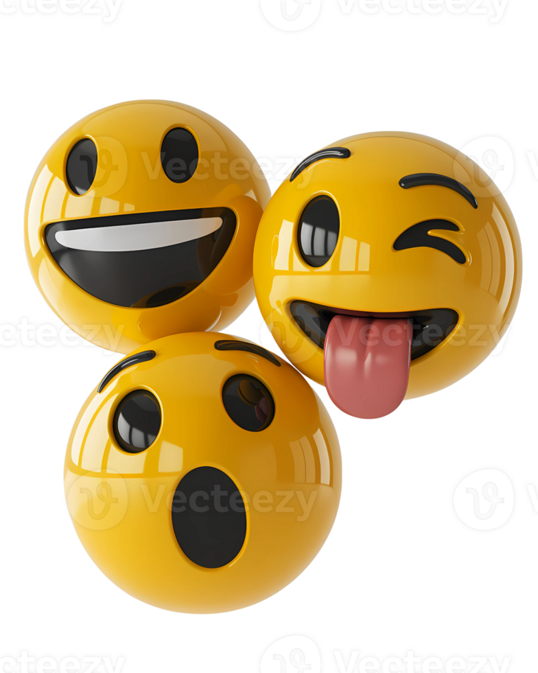 Three Yellow Emojis Happy Winking Surprised 3 D Render png