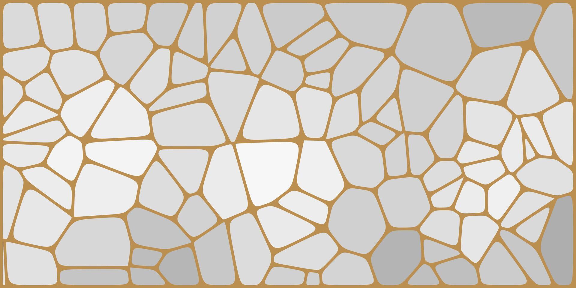 Abstract mosaic pattern with irregular, pebble-like shapes in shades of white and gray outlined by golden-brown lines, creating a modern stained-glass effect. vector