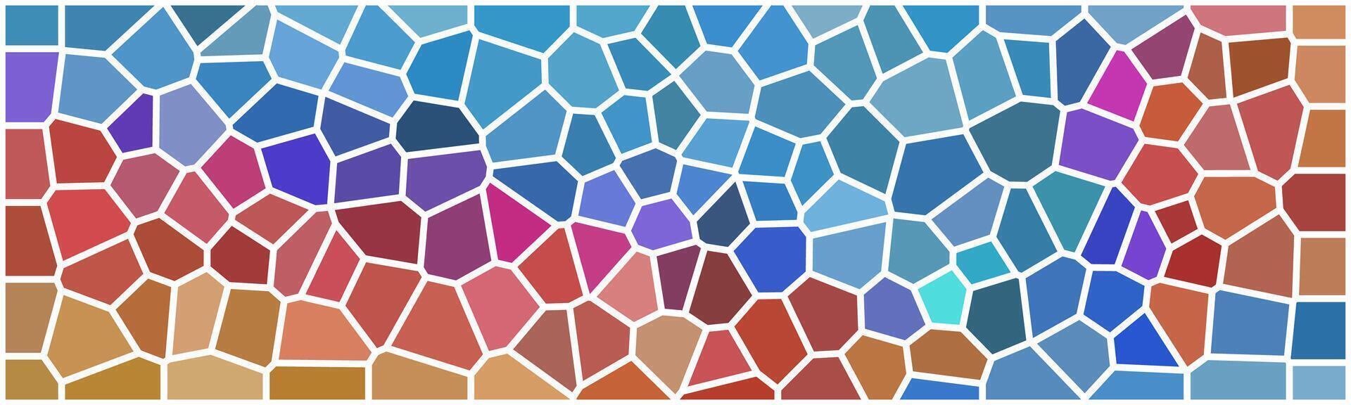 A colorful mosaic pattern with irregular polygonal shapes in shades of blue, red, and purple, divided by white outlines. vector