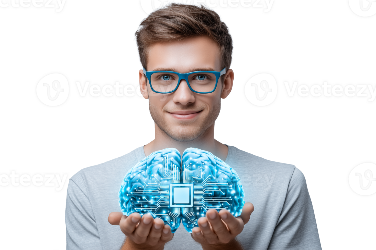 Smiling IT Specialist Holding Digital Brain with Microchip. AI and Technology Concept. png