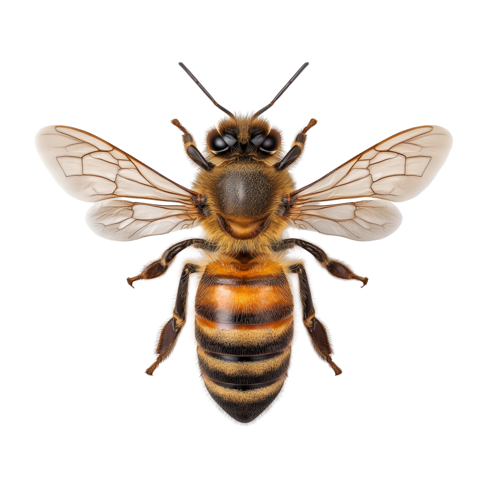 Detailed honey bee with transparent wings and fuzzy striped body. Scientific illustration style for educational materials, beekeeping guides, or pollinator conservation campaigns png