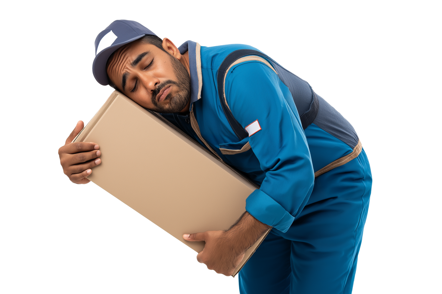 Exhausted delivery worker sleeping on cardboard package box. Overworked courier in blue uniform showing workplace fatigue and burnout concept for labor rights campaigns. png