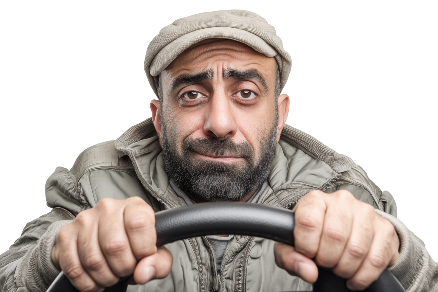 Anxious bearded man in flat cap gripping steering wheel with worried expression. png