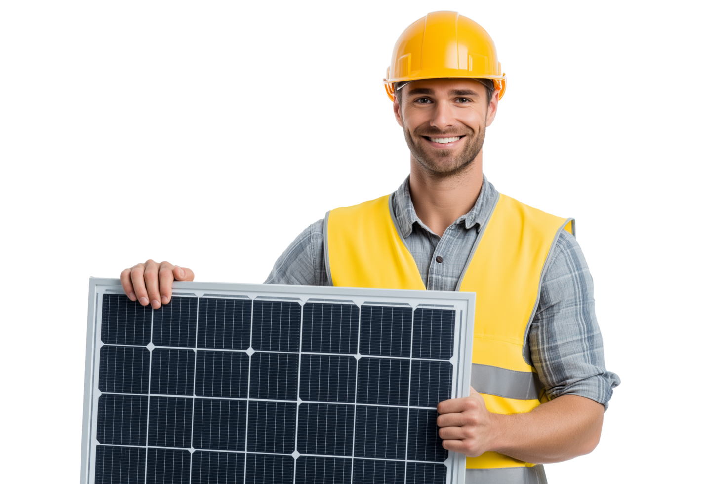 Professional solar panel installer holding photovoltaic module with safety gear. Renewable energy technician in high-visibility vest and hard hat for green technology marketing. png