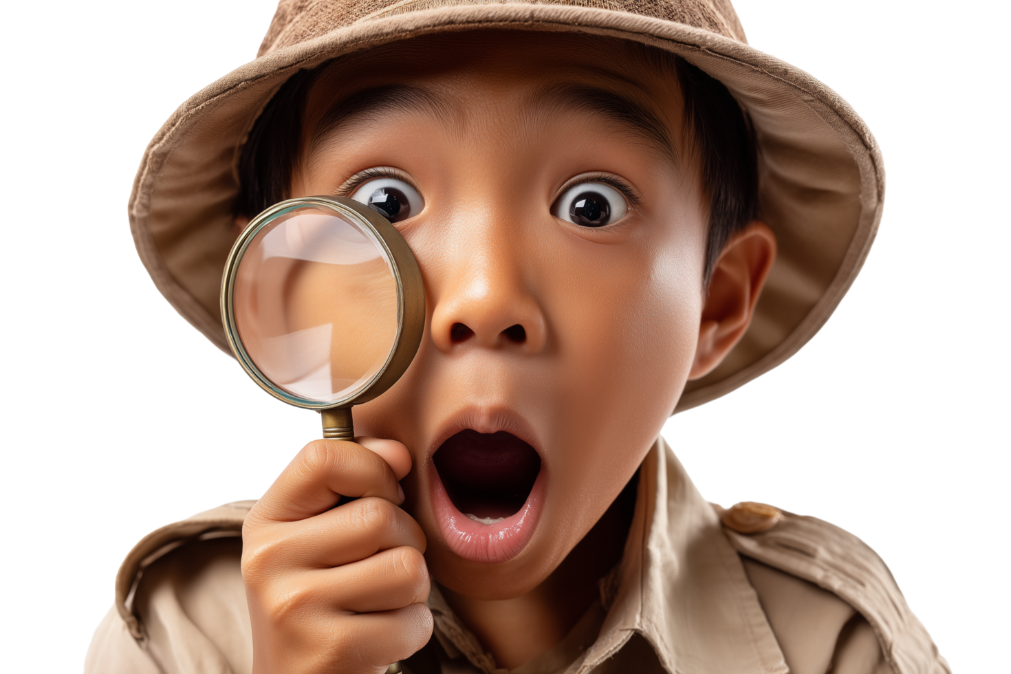 Awe-Struck Japanese Boy Explorer with Magnifying Glass. Discovery and Wonder. png