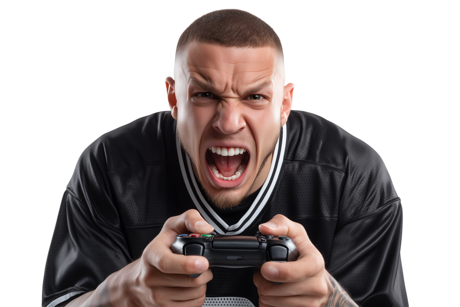 Intense angry gamer screaming while holding game controller in competitive rage. png