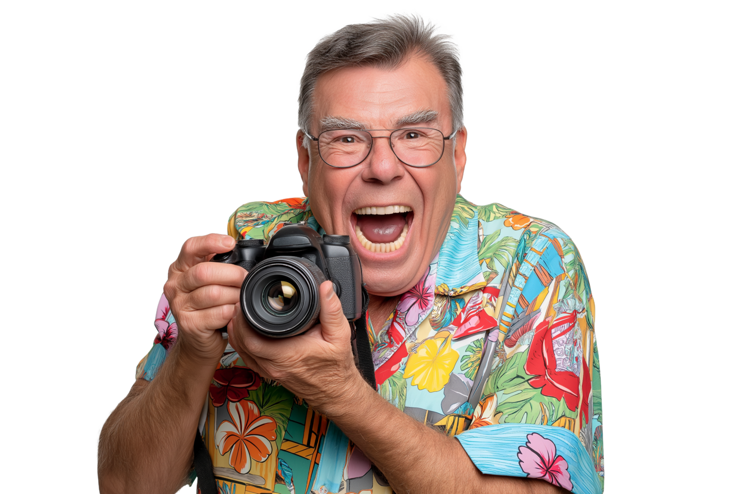 Excited Retiree in Hawaiian Shirt with DSLR Camera. Joyful Hobby and Travel. png