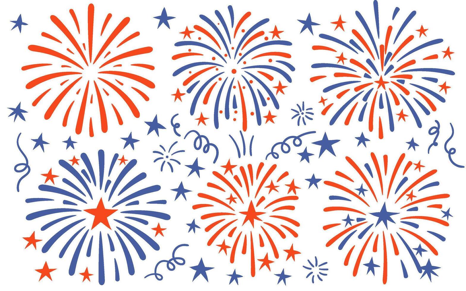 Colorful fireworks icon set in red blue and yellow flat cartoon style vector