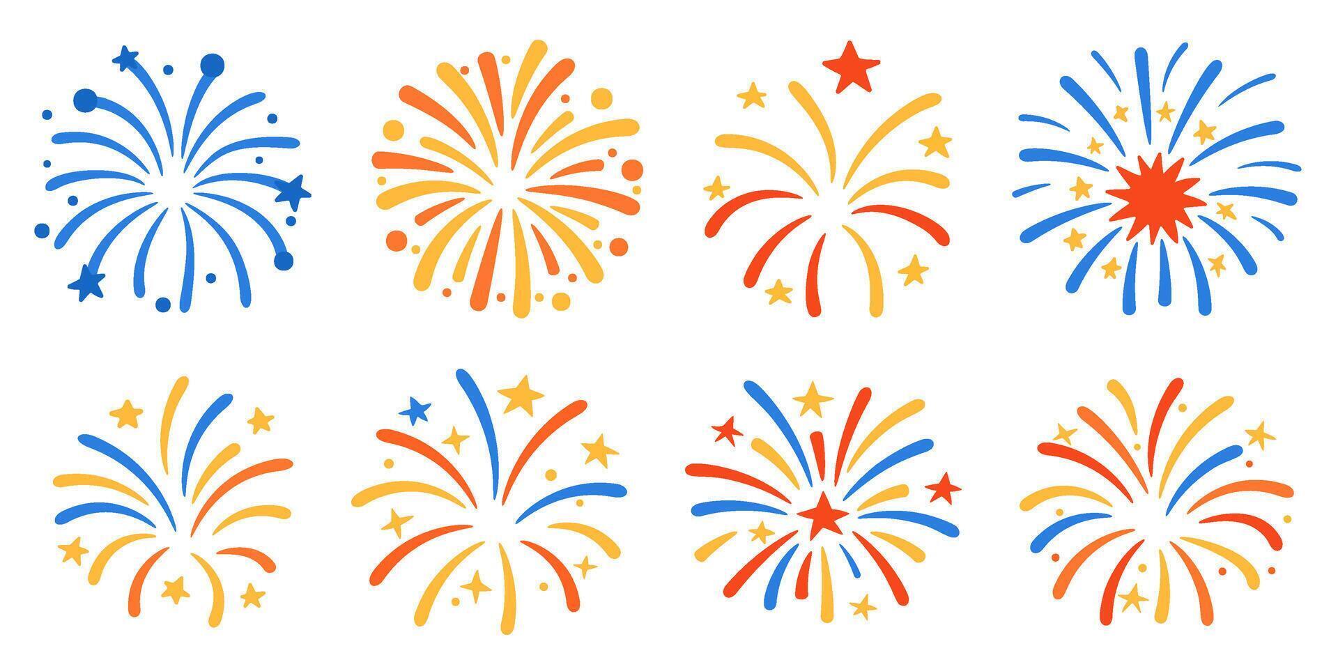 Horizontal banner with red yellow blue cartoon fireworks isolated on transparent background vector
