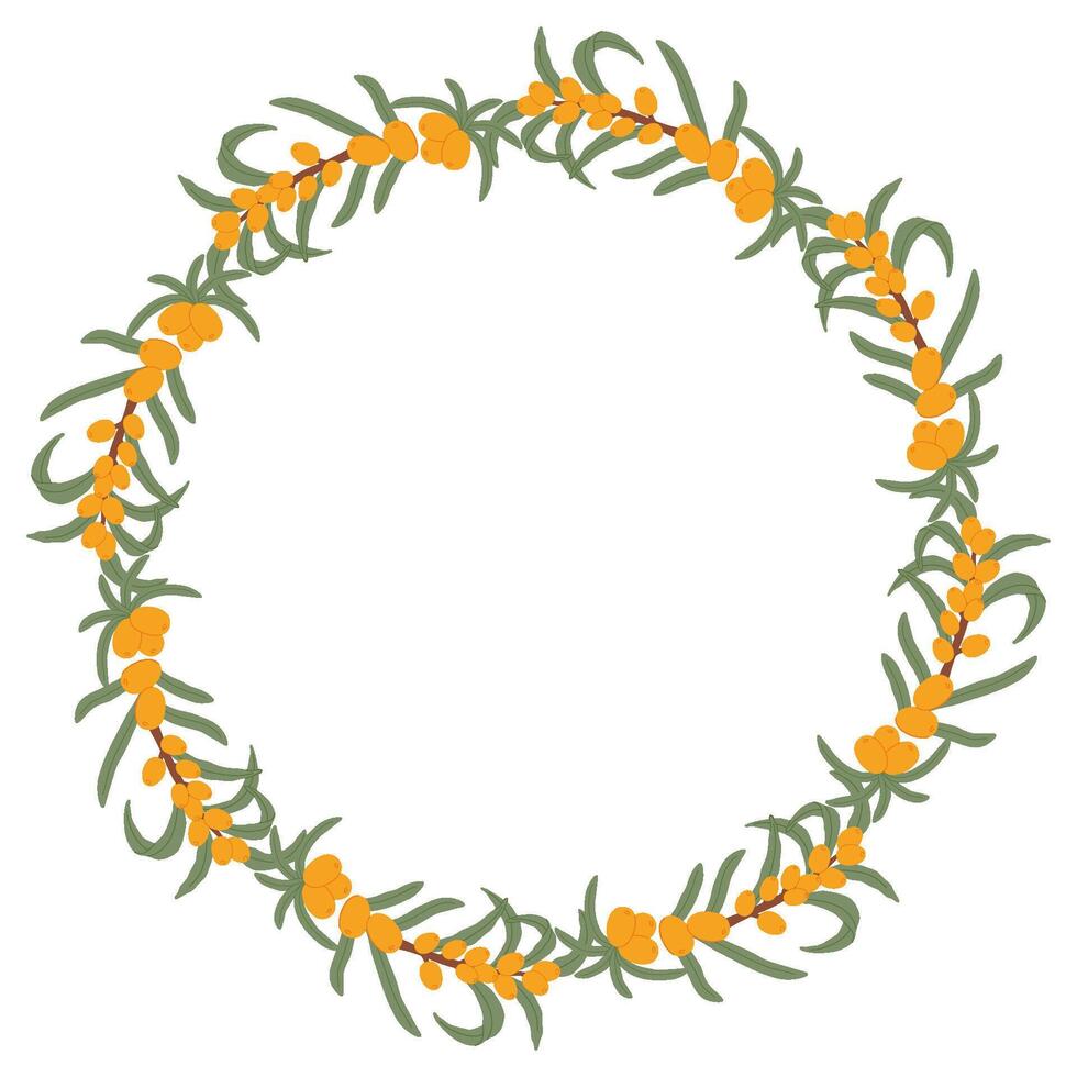 Hand-Drawn Sea Buckthorn Wreath with Orange Berries and Green Leaves in a Delicate Botanical Design vector