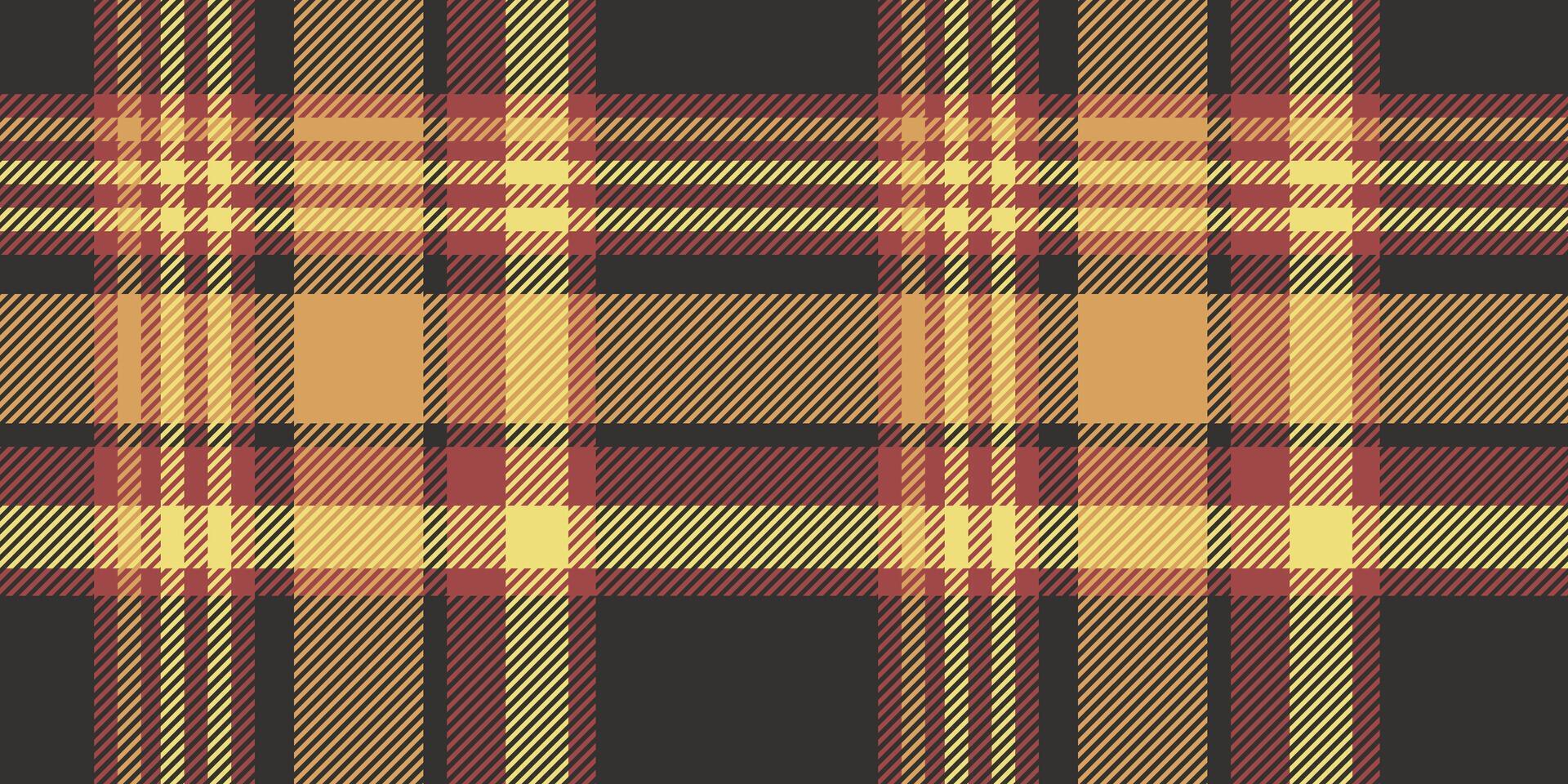 Seamless red, yellow, and black tartan plaid pattern with layered diagonal stripes. Geometric checkered design for fabric, wallpaper, or digital backgrounds. repeatable textile texture. vector