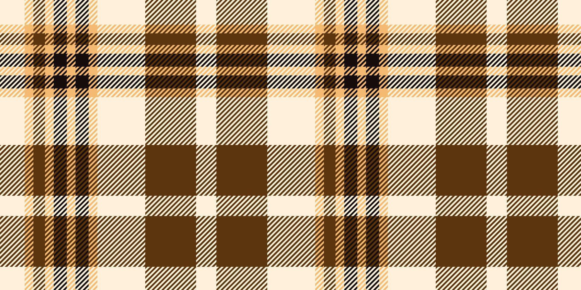 Seamless brown, beige, and black tartan plaid pattern with bold diagonal stripes. Geometric checkered design for fabric, wallpaper, or digital backgrounds. repeatable textile texture vector