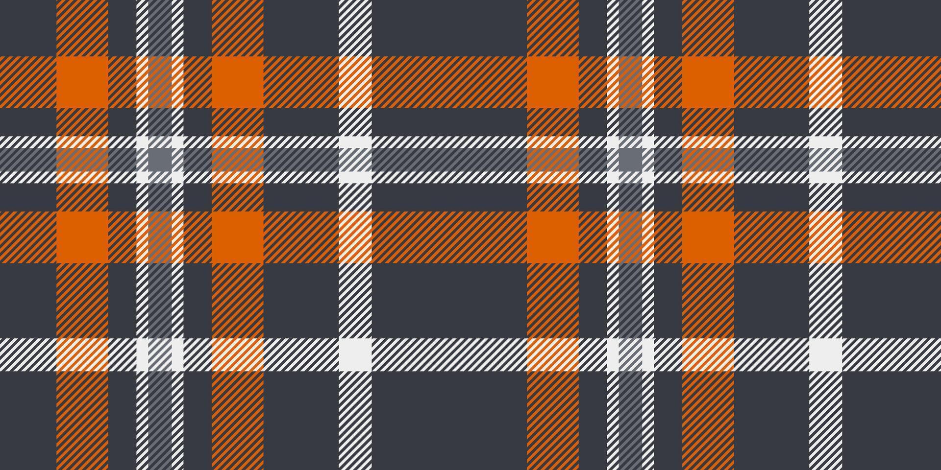 Seamless dark gray, orange, and white tartan plaid pattern with bold diagonal stripes. Geometric checkered design for fabric, wallpaper, or digital backgrounds. repeatable textile texture. vector