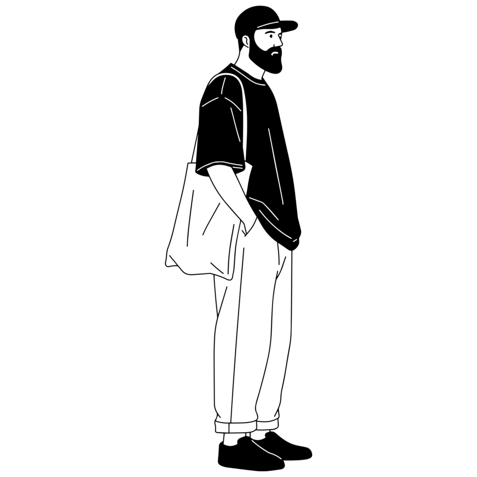 Man in casual attire with a tote bag png