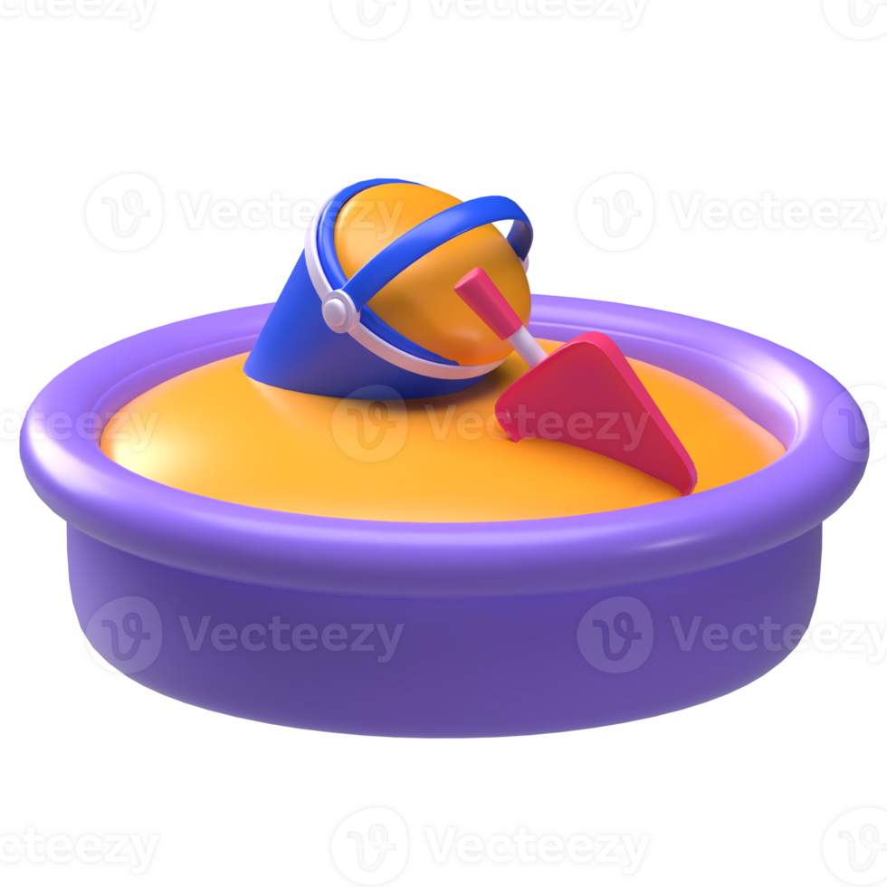 Sandbox with Toys 3D Render. Round sandbox with a bucket and shovel for digging fun. png