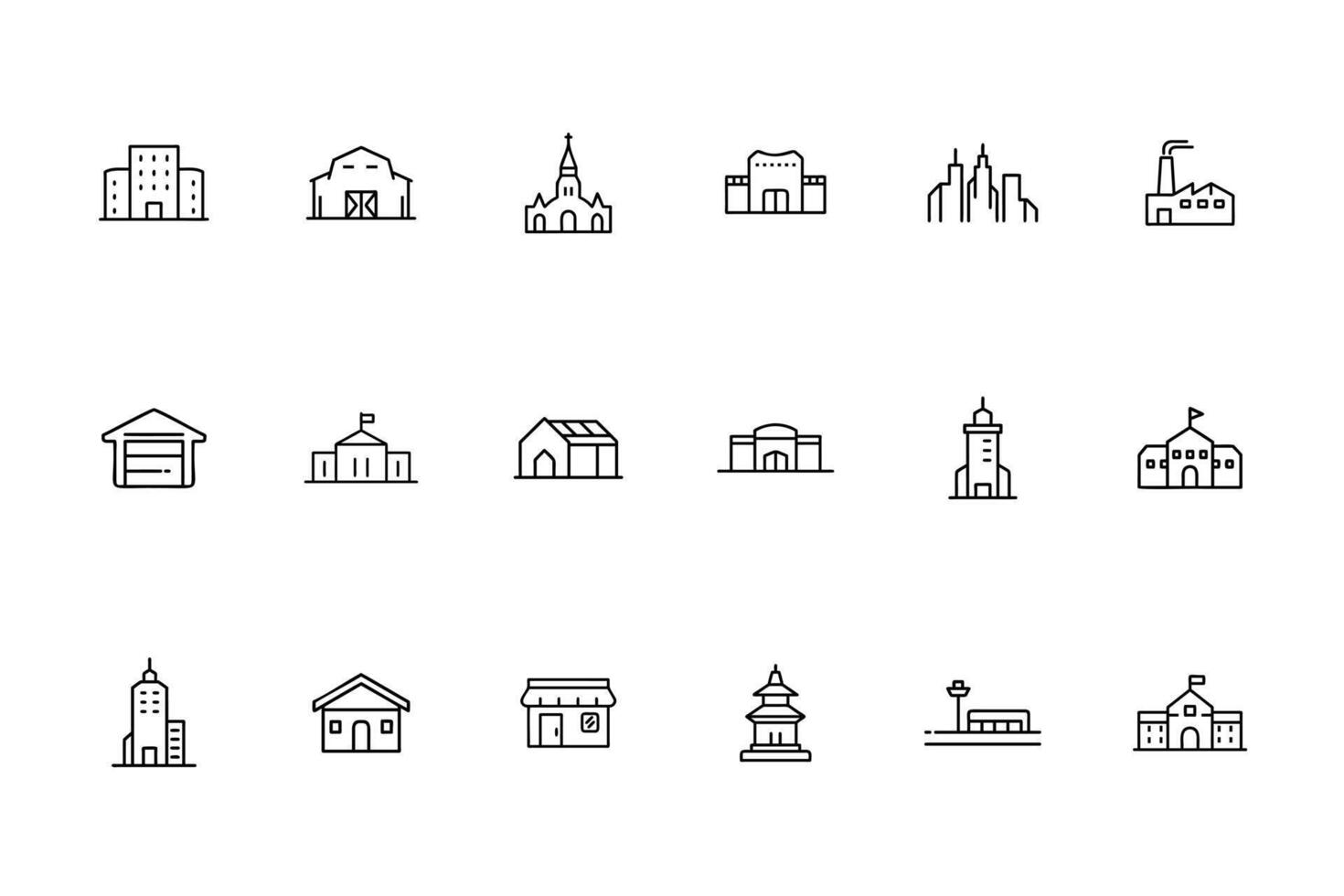 Line art building icons set including church barn factory skyscraper airport outline vector