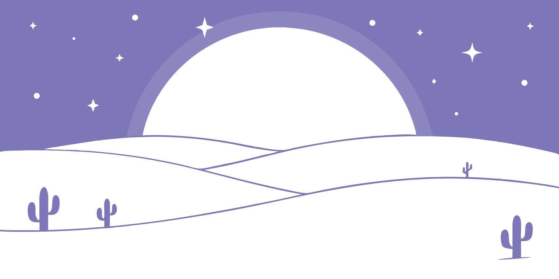A desert landscape with cacti, stars, a large sun or moon in a purple sky cactus vector