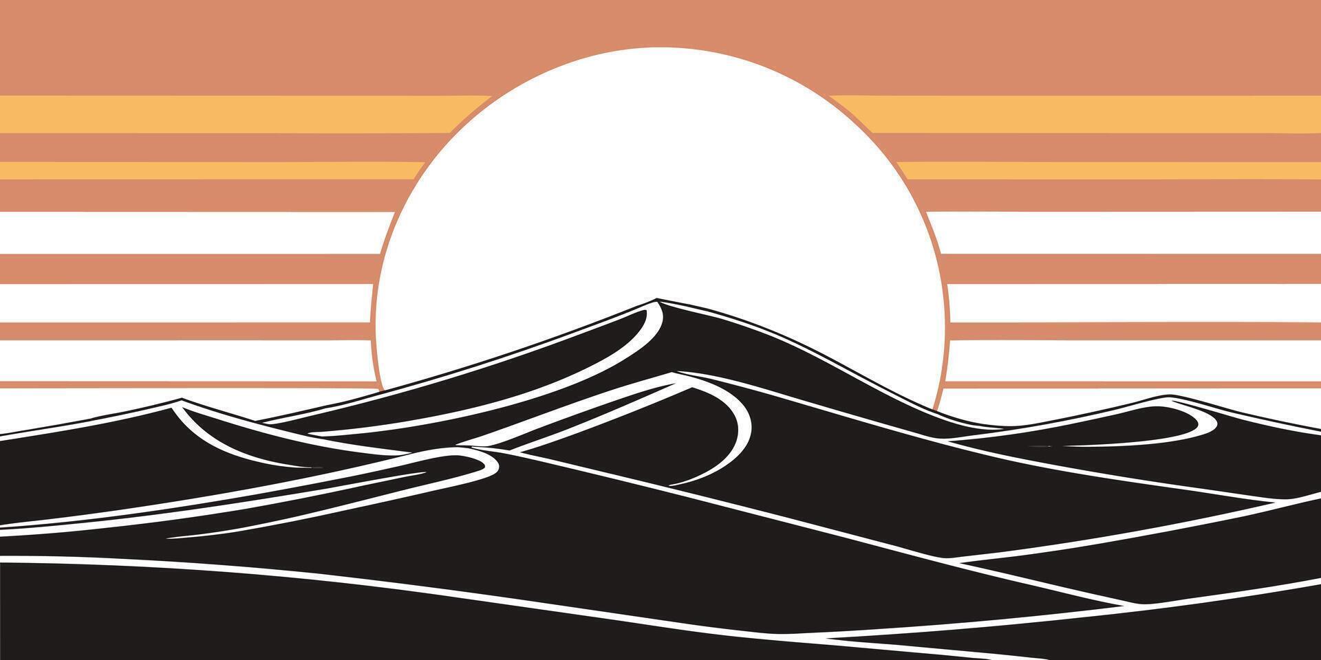 Silhouette sand dunes with a large sun against an orange brown striped sky desert vector