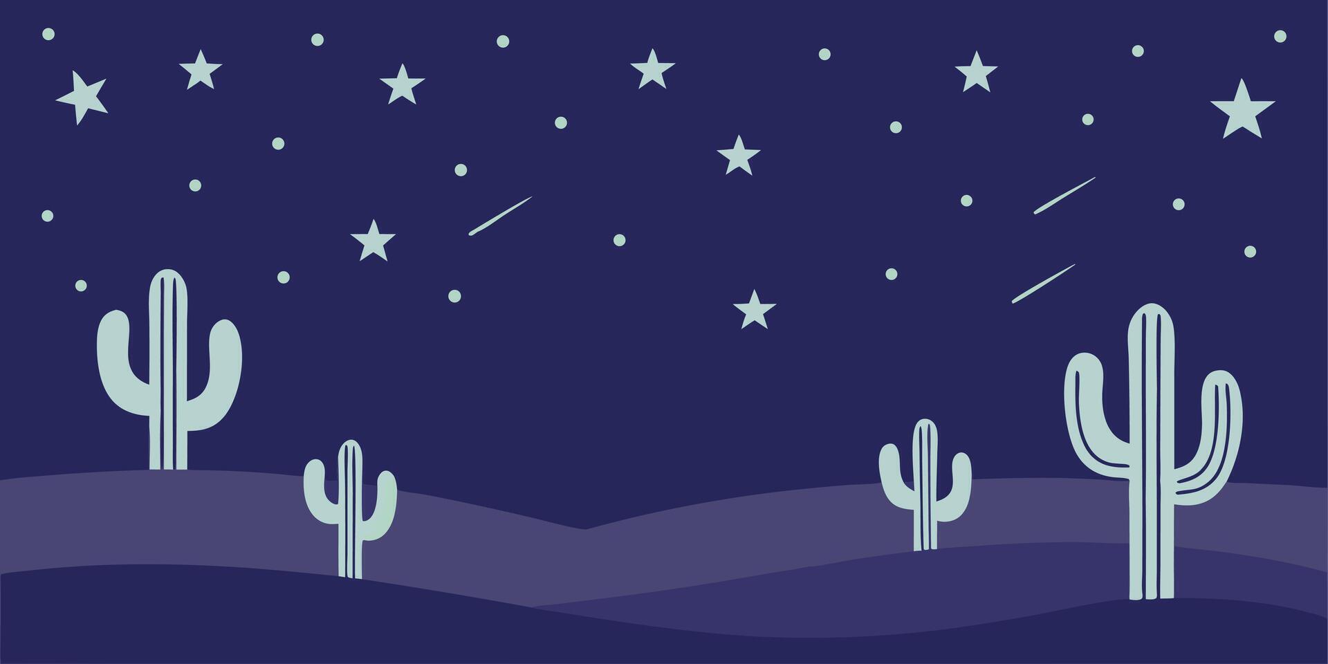 Stylized desert night scene with cacti stars shooting stars in shades blue green vector