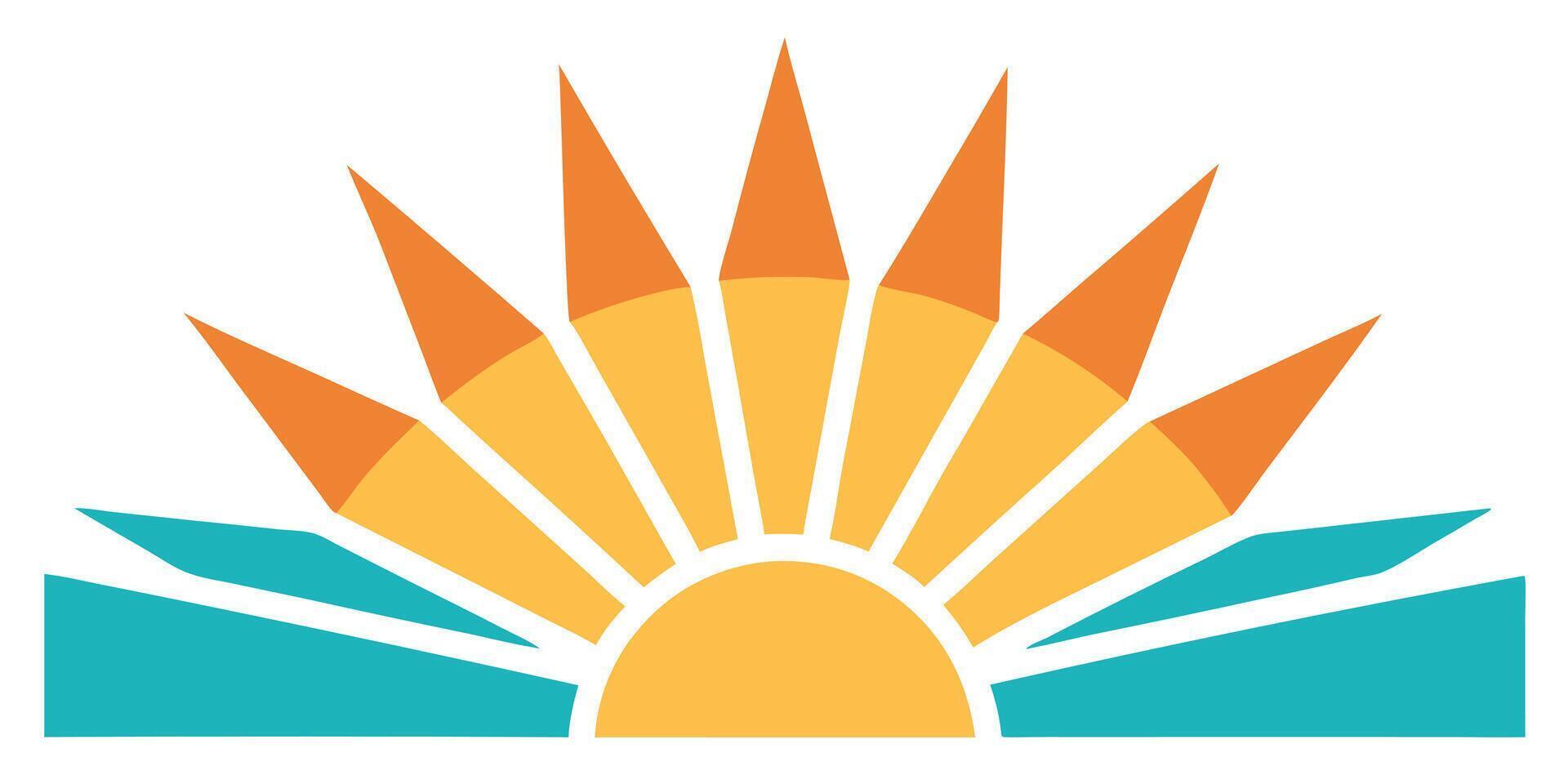 Geometric sunburst with orange yellow teal rays on vector