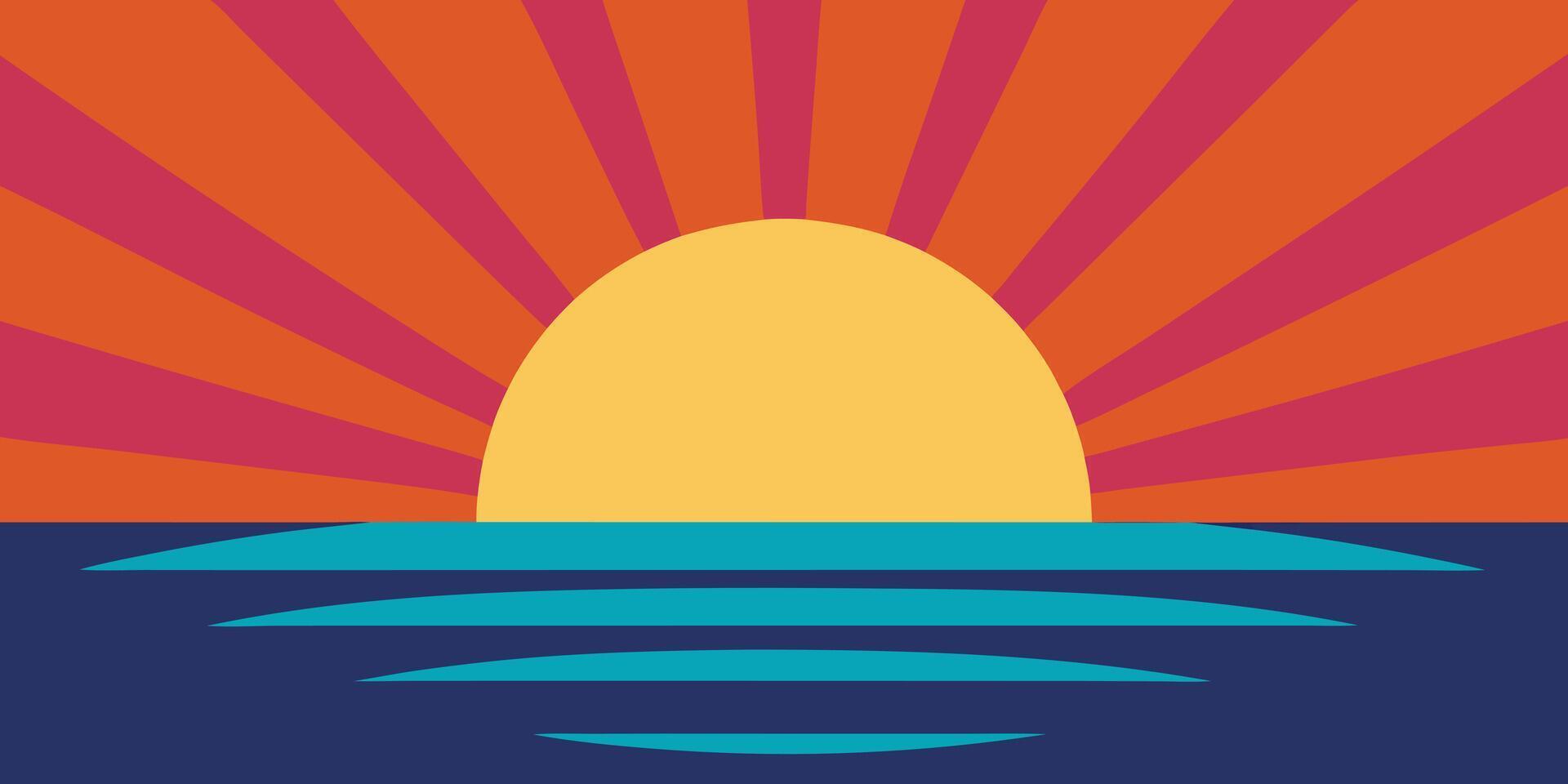 Abstract sunrise with radiating sun rays over stylized water in vibrant colors sunset vector