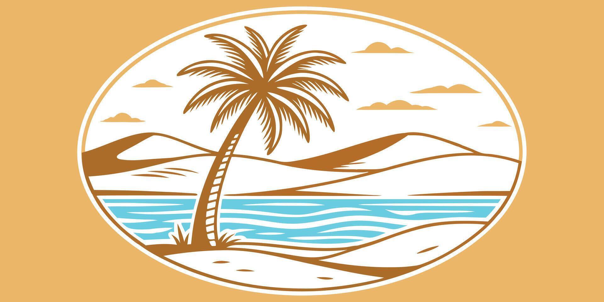 Stylized desert oasis with palm tree water sand dunes in a circular frame vector