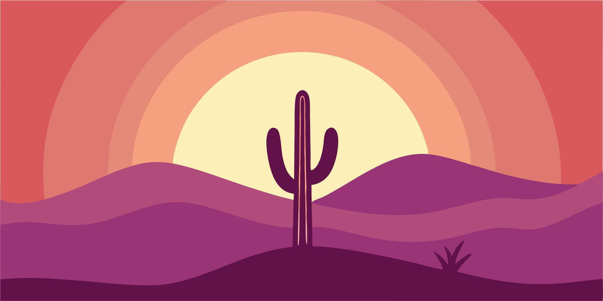 Sunset scene with cactus silhouette over purple desert landscape layered sky vector