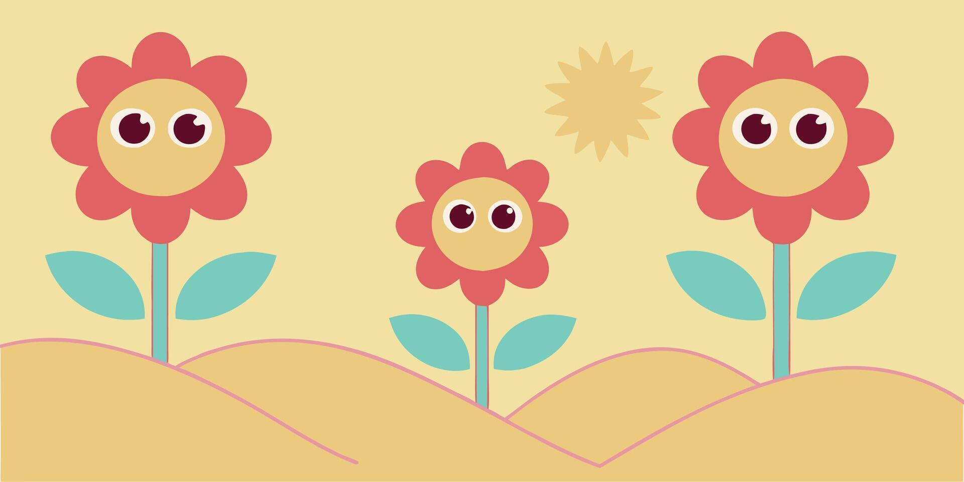 Whimsical cartoon flowers with faces in a desert landscape with a sun on a yellow vector