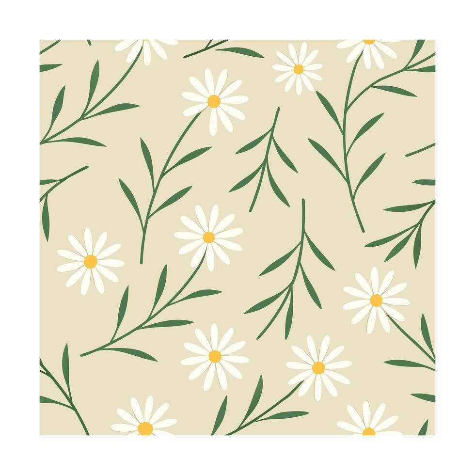 Floral Pattern with Daisies Yellow Centers Green Leaves on Beige daisy flower vector