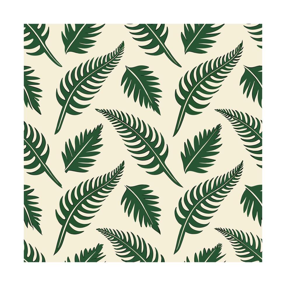 Green fern leaf Pattern on cream with repeating botanical elements leaves vector