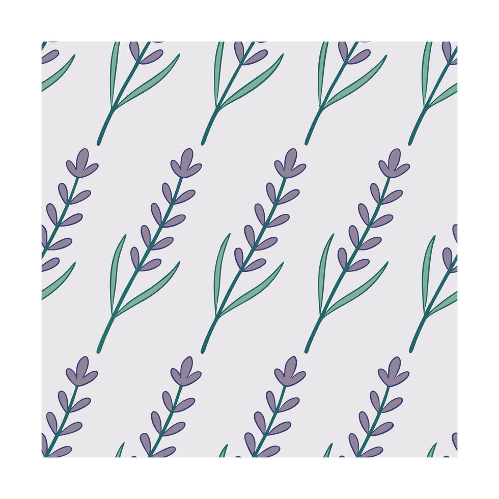 Seamless pattern lavender sprigs with purple flowers green leaves on a light gray vector