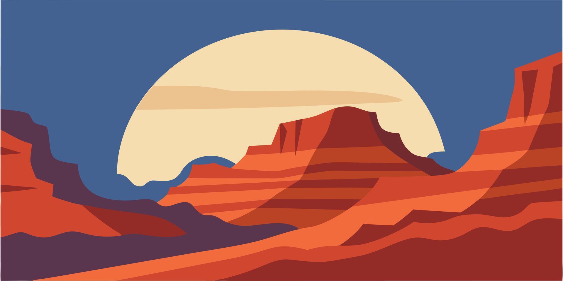 Stylized canyon landscape with layered rock formations a large sun against a blue sky vector