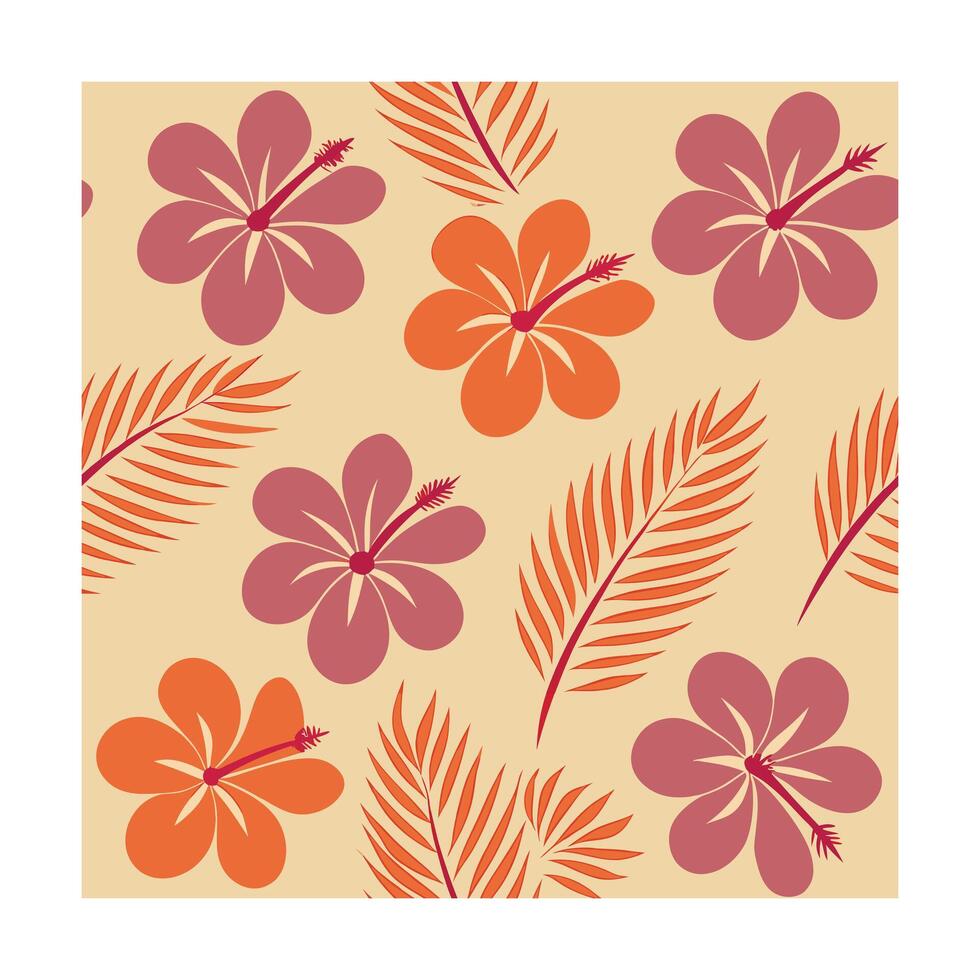 Coral pink hibiscus flowers orange leaves pattern on a beige floral vector