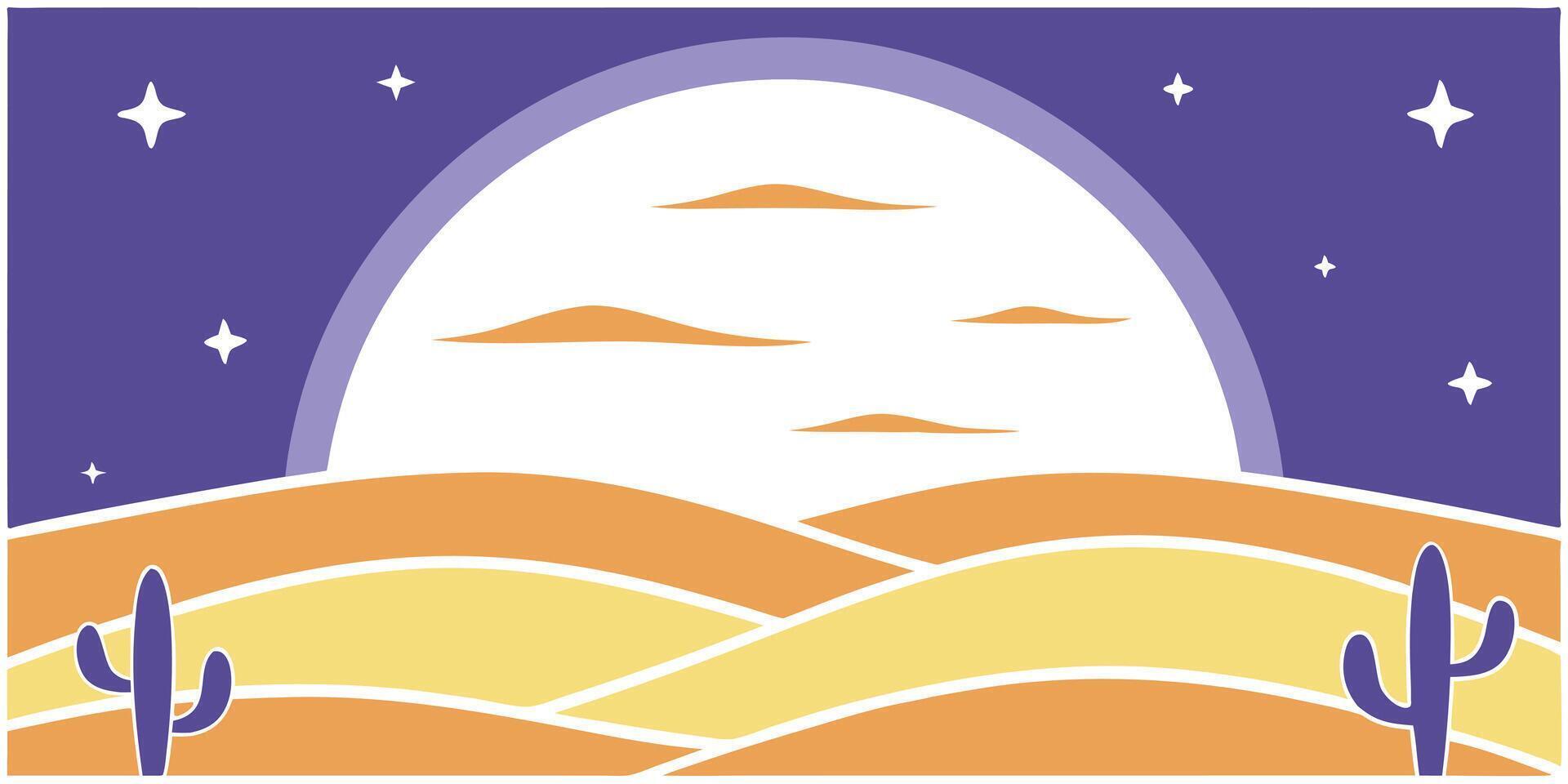Stylized desert scene with cacti, rolling hills, stars, a large moon against a purple sky vector