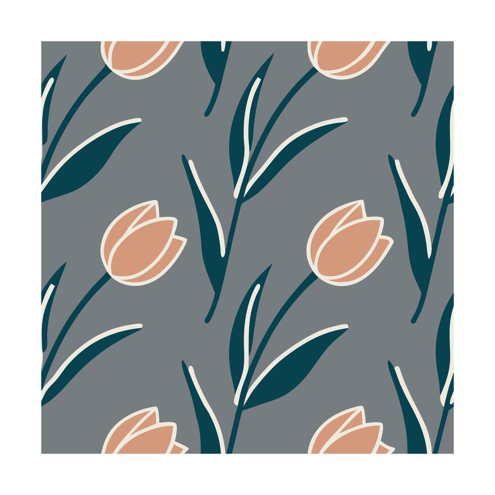 Seamless pattern stylized peach tulips with teal leaves on a gray floral flower vector