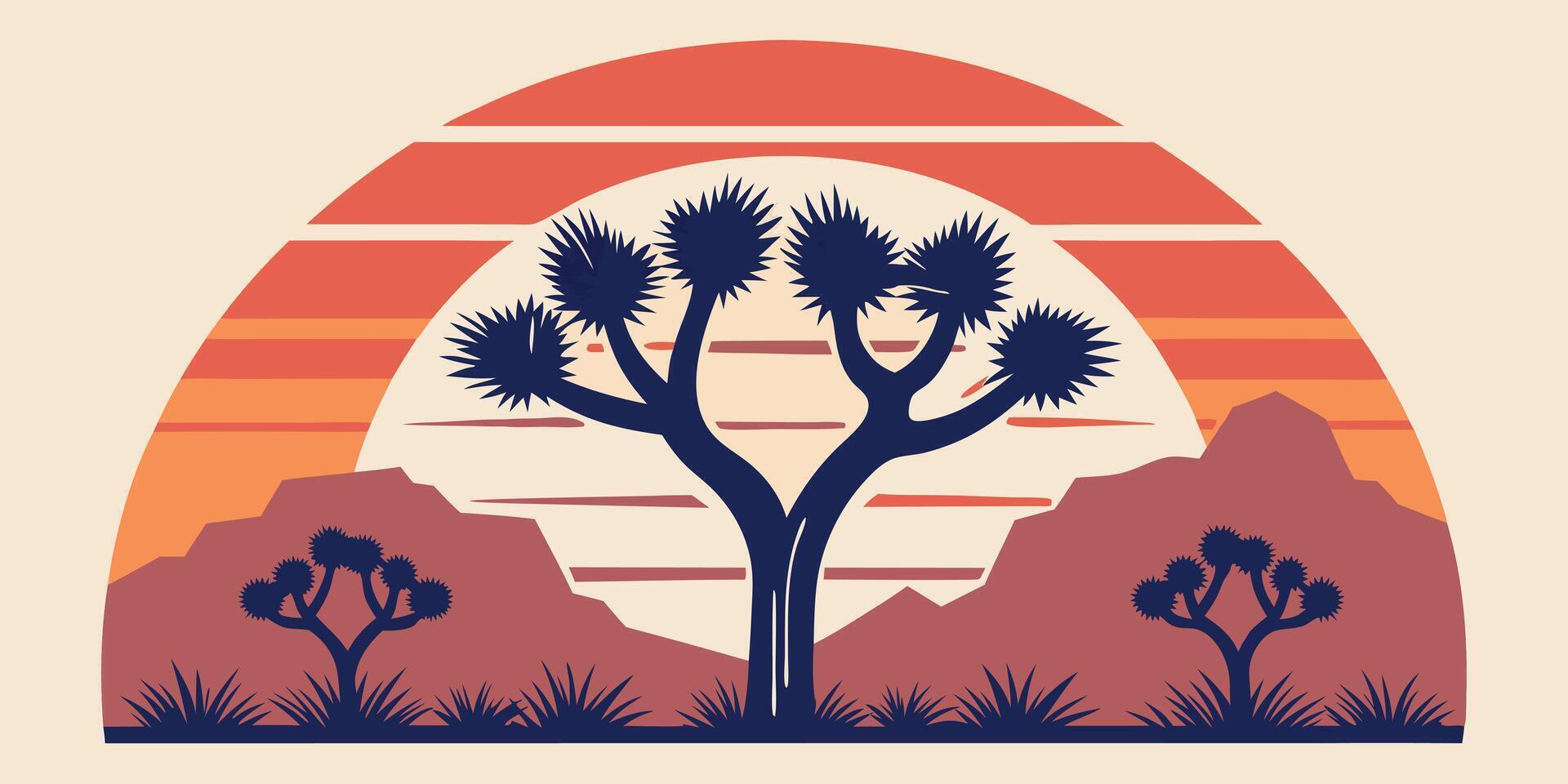 Stylized sunset scene with Joshua trees silhouette against a layered orange red sky vector