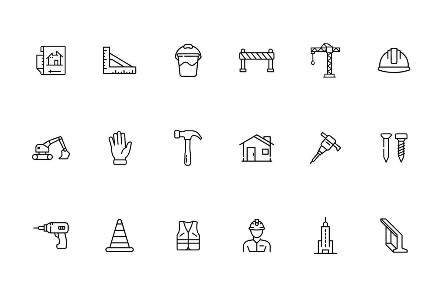 Line construction icons set featuring blueprint ruler bucket barrier crane hard hat excavator glove vector