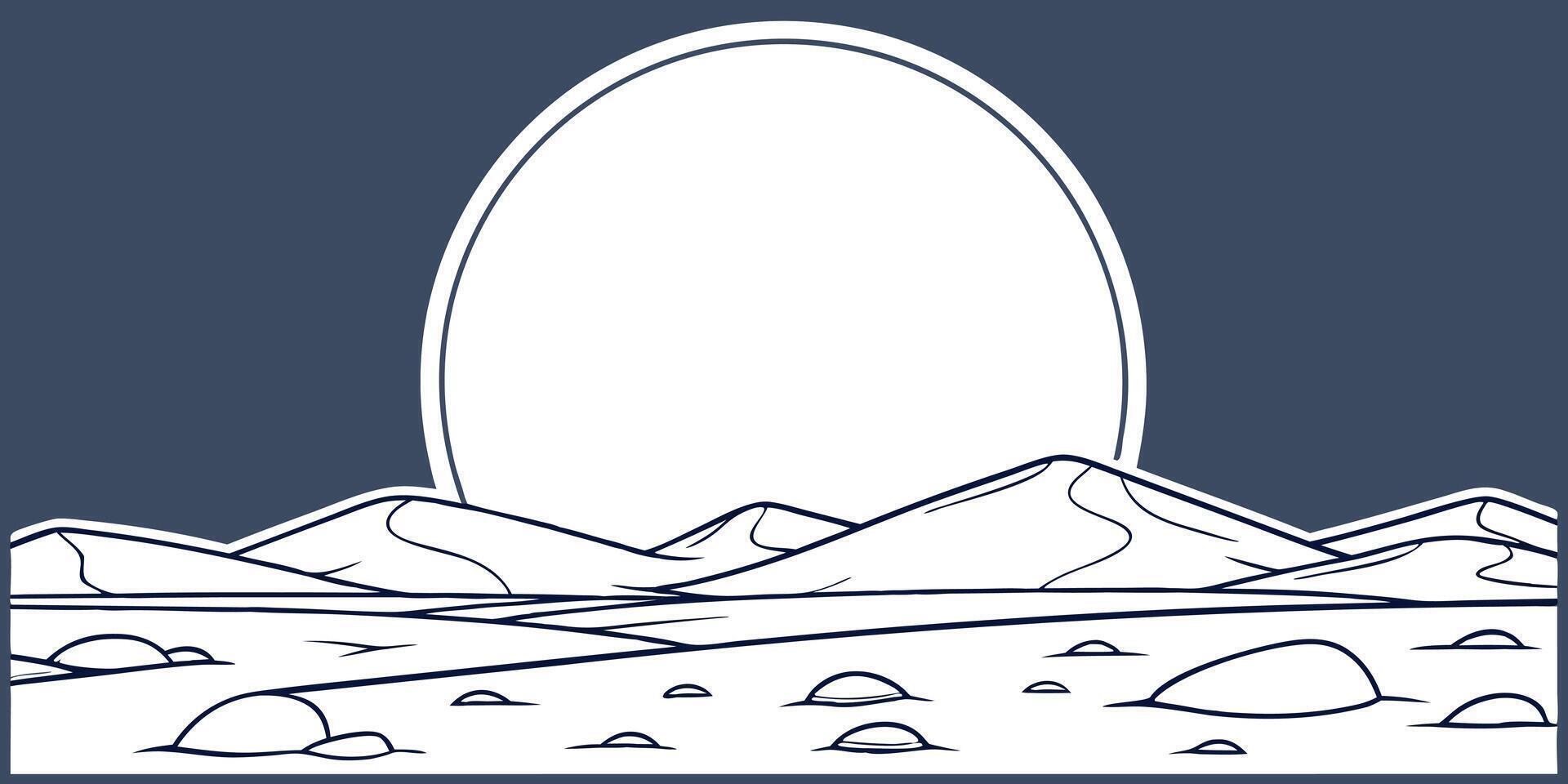 Stylized full moon rising over desert landscape with mountains minimalist design vector