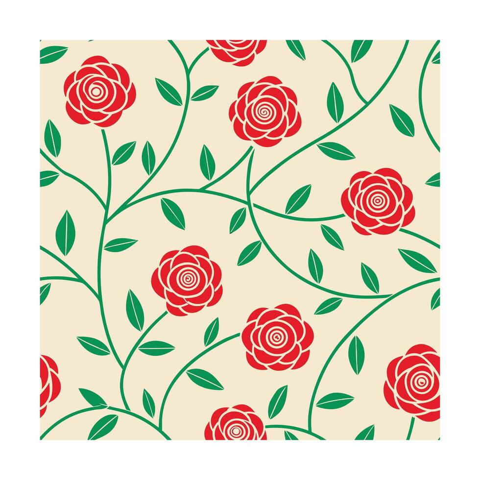 Seamless pattern red roses green leaves stems on a cream crimson vector