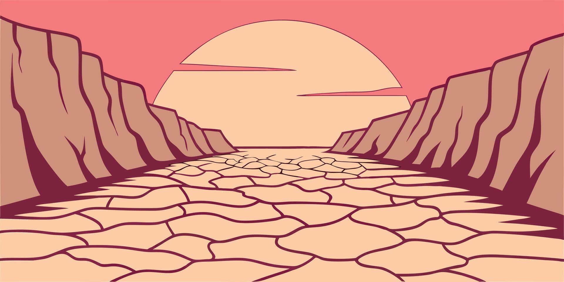 Stylized a dry riverbed between cliffs under a peach colored sky sun cracked earth vector
