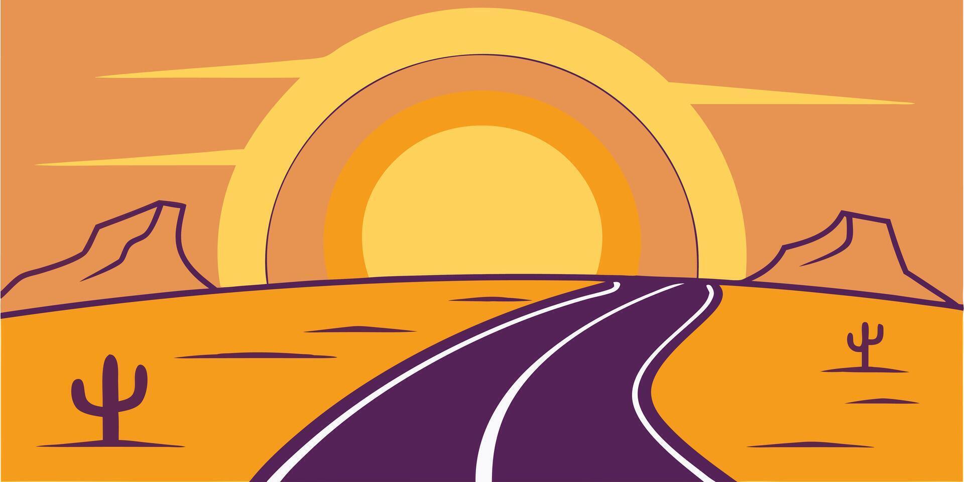 Stylized desert road sunset with mountains cacti in warm orange purple tones landscape vector