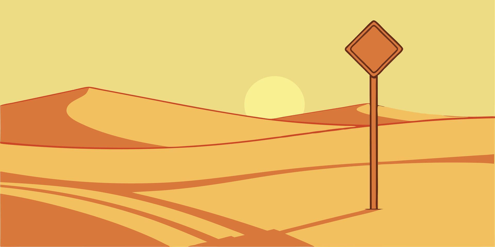 Desert landscape with road sign sun sand dunes in warm orange yellow tones vector