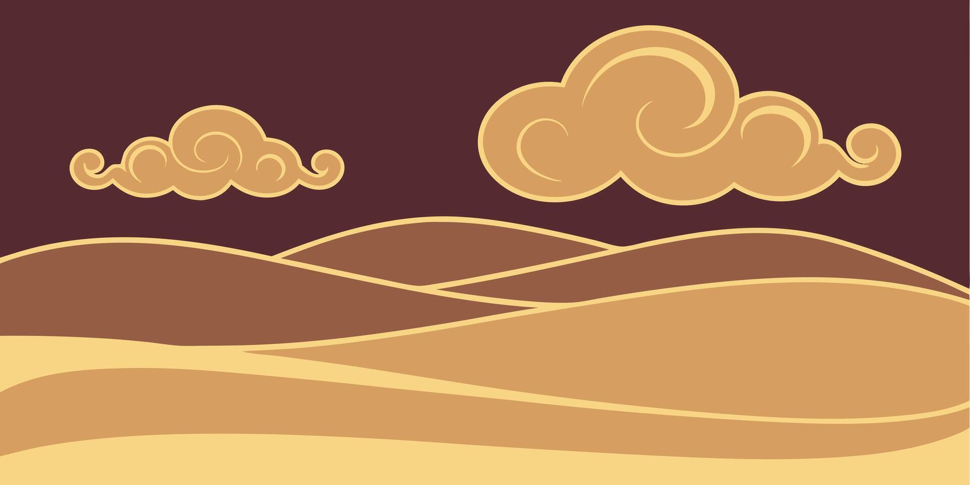 Stylized desert landscape with clouds in warm tones layered hills dusk vector