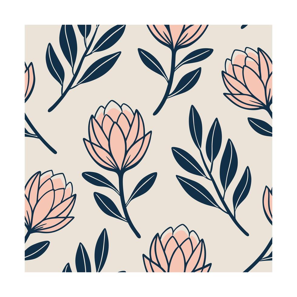Blush protea flowers navy leaves on a beige Pattern design floral pink vector