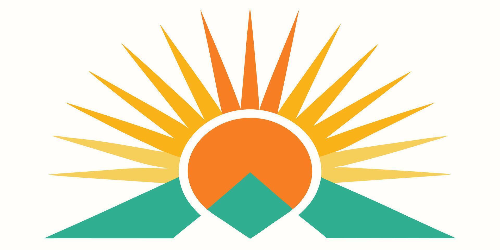 Abstract sunburst with layered triangular rays orange yellow teal mountain shapes vector