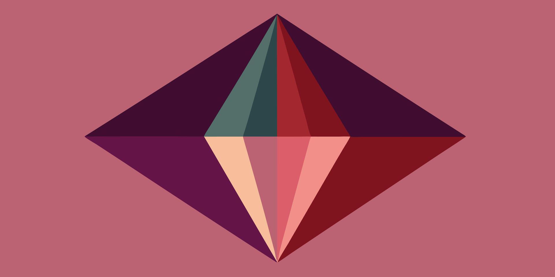 Geometric diamond shape divided into multiple colored triangular facets on pink abstract vector