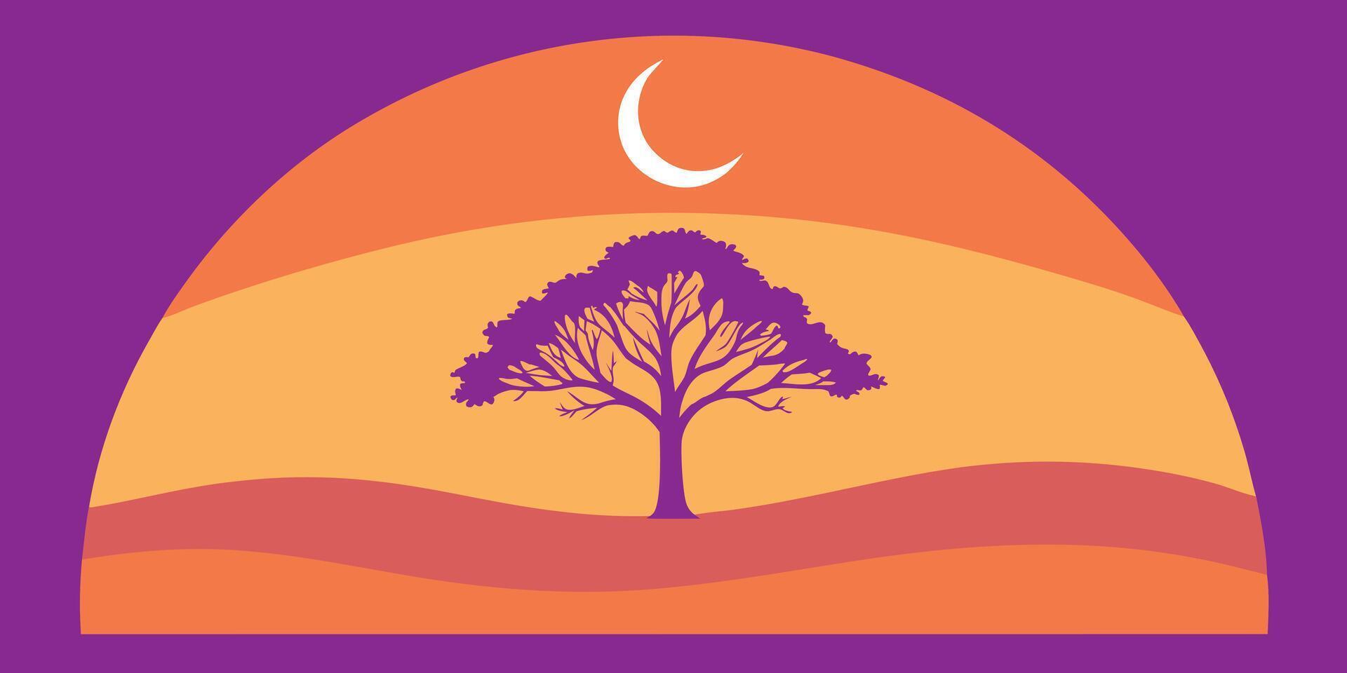 Silhouette tree against a two-tone sunset with crescent moon in a stylized desert landscape vector