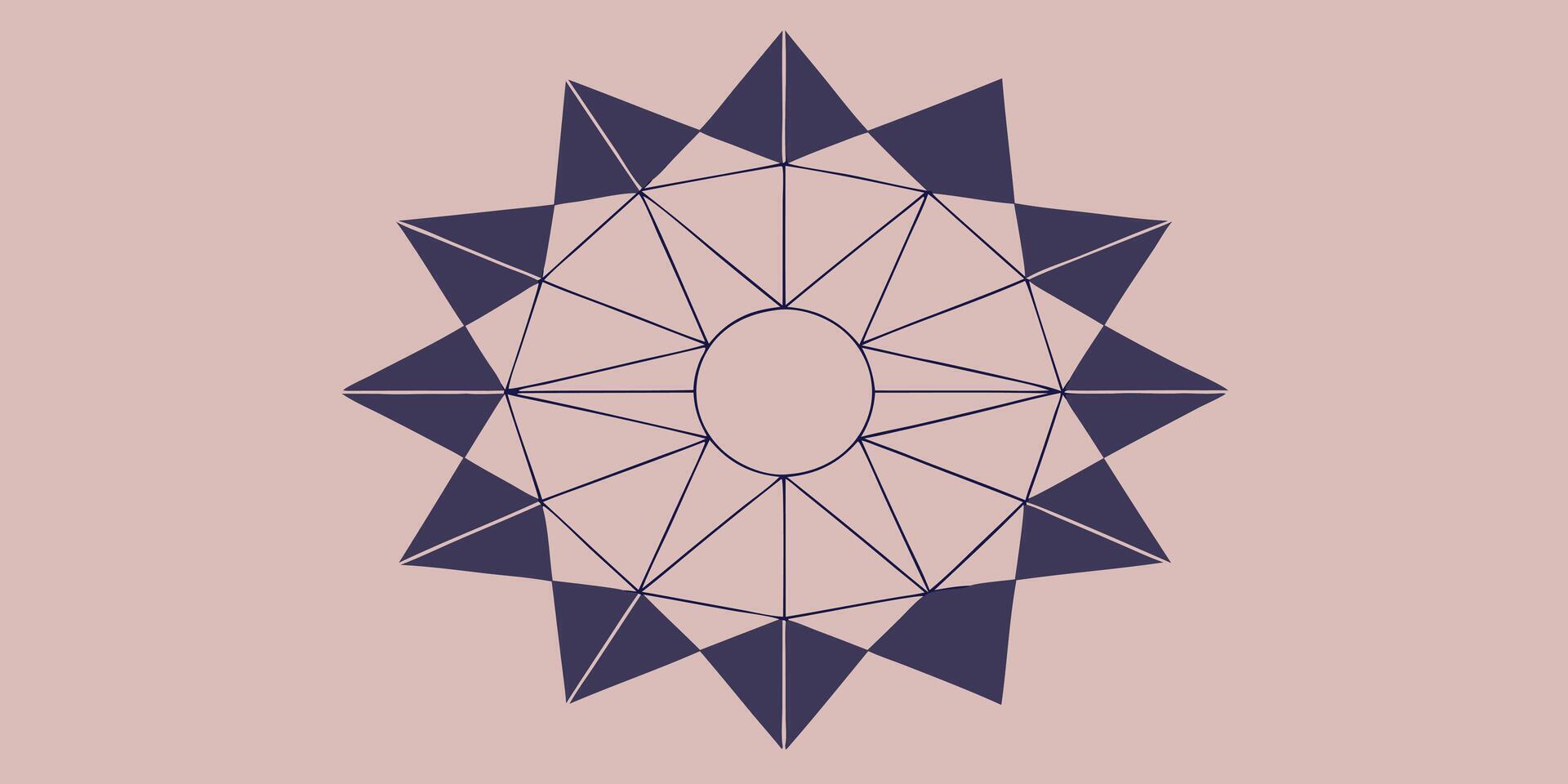 Geometric mandala with radiating dark blue triangles circles on a pink pattern vector